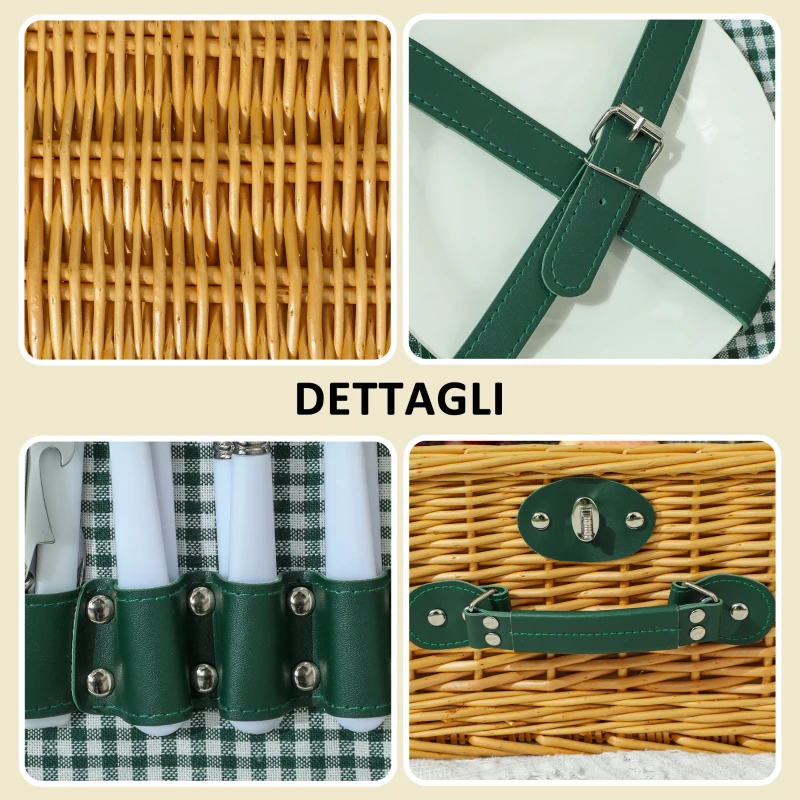 Outsunny Cesta da Pic Nic per 2 Persone in Vimini con Area Termica e Cavatappi, 40x30x20 cm, Marrone Chiaro