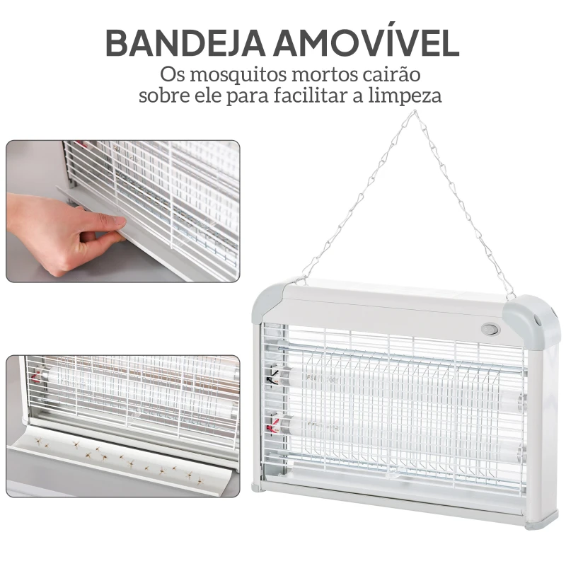 Outsunny Lâmpada Anti-Mosquitos Elétrica 20W Mata Mosquitos Elétrico Área 60 m² Seguro e Eficaz com Luz UV 37,5x8,5x26,5cm Branco e Cinza