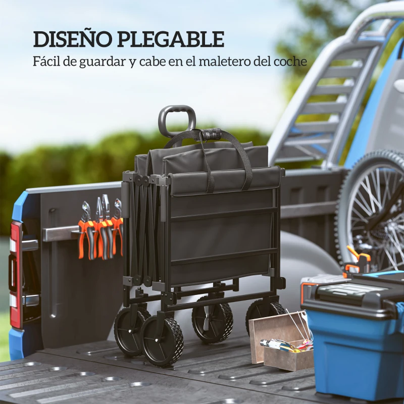 Outsunny Carrito de Jardín Plegable con Ruedas Grandes Mango Ajustable Puerta Trasera Expandible Carga 100 kg para Campaña Negro