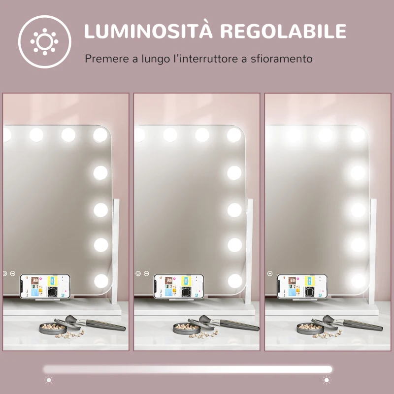 HOMCOM Specchio da Trucco con 14 Luci LED Regolabili e Ricarica USB, in Vetro e Metallo, 62.5x14x49.5 cm, Bianco