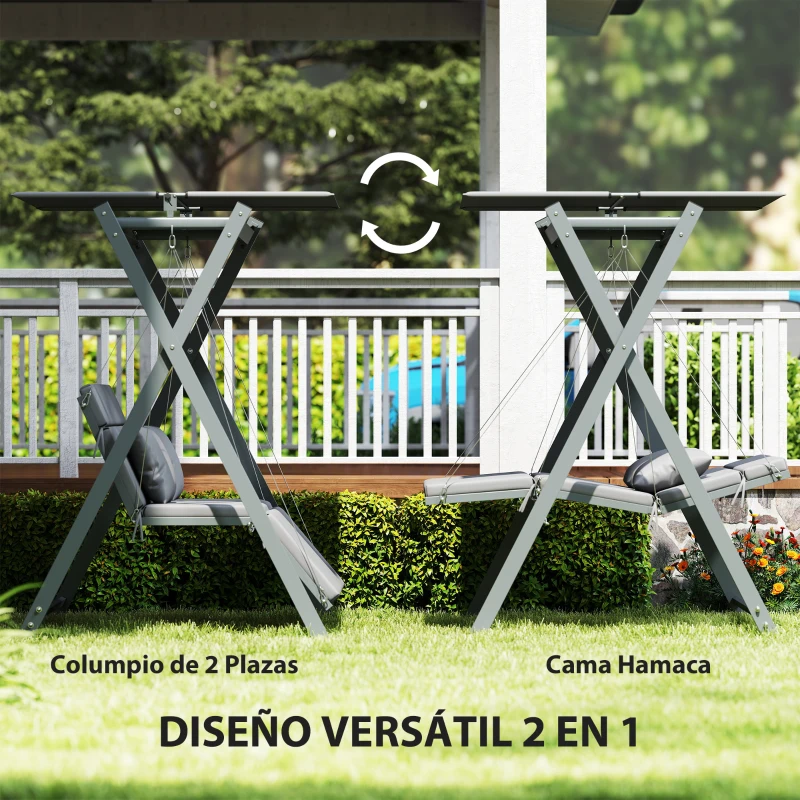 Outsunny Columpio de Jardín de 2 Plazas Convertible en Cama con Toldo Ajustable UV30+ y Cojines 142x130x168 cm Gris Oscuro