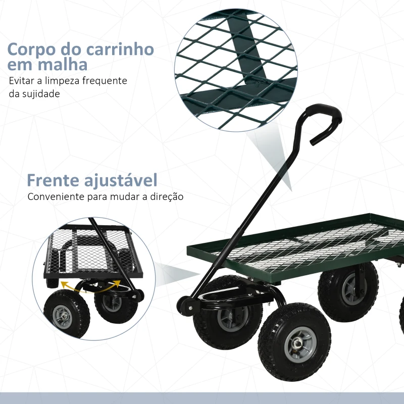 Outsunny Carro de Transporte com Pega Revestida e 4 Rodas Grandes de Ø24 cm Carrinho de Jardim em Aço 94x48,5x100 cm Preto e Verde
