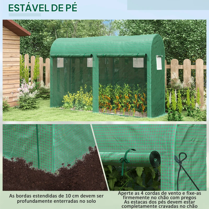 Outsunny Estufa Jardim Tipo Túnel com 4 janelas e 2 portas para Plantas de PE de aço 300x100x200 cm Verde