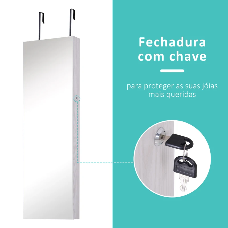 HOMCOM Espelho com Móvel de Bijuterias de Parede ou Porta Espelho de Parede com LED 5 Prateleiras 2 Gavetas pequenas e Fechadura 37x120x10cm Cinza Claro