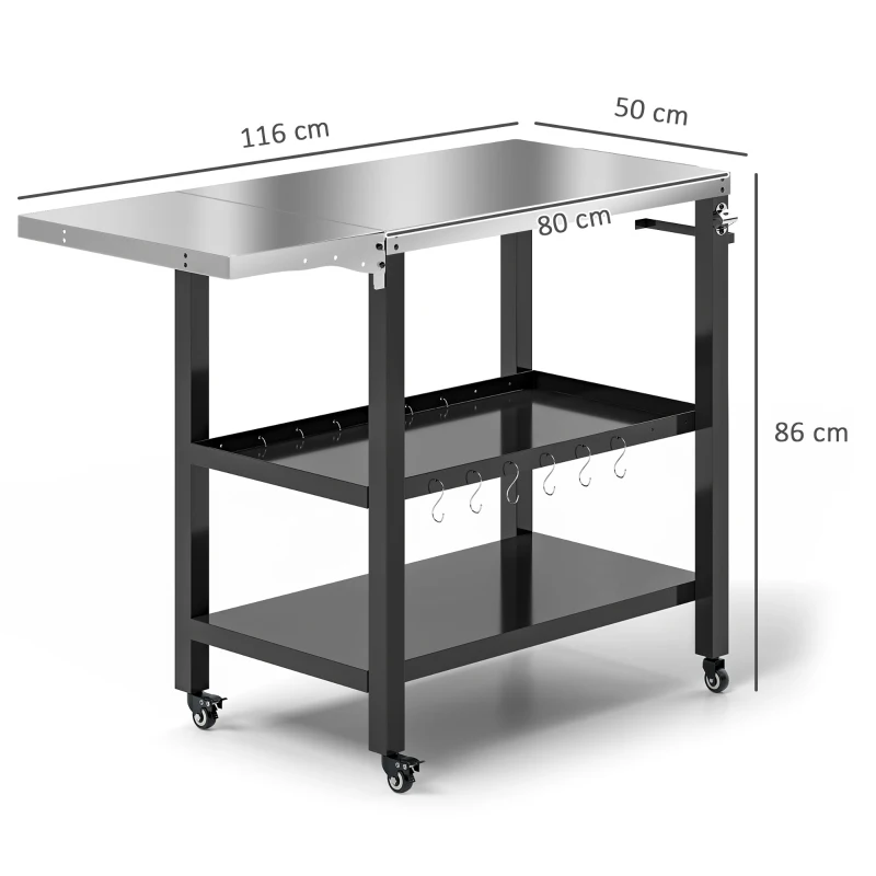 Outsunny Carrito de Parrilla para Jardín Carro de Servicio con Encimera Estantes Lateral Plegable y Ruedas 116x50x86 cm Negro