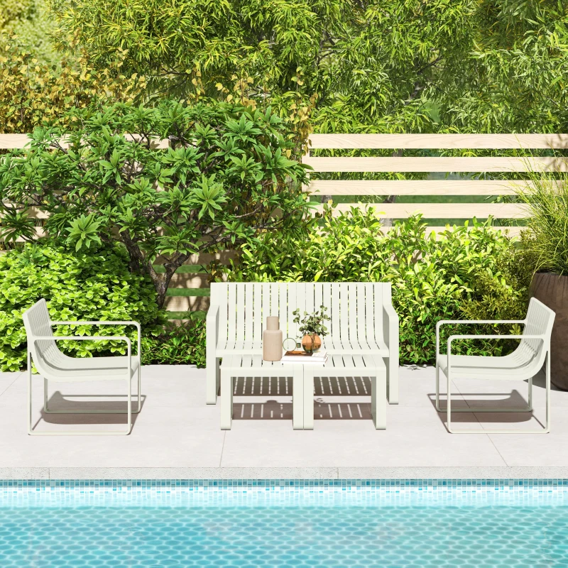 Outsunny Conjunto de Jardín de 5 Piezas con Sofá de 2 Plazas Sillones y Mesas Diseño de Lamas Polipropileno Impermeable Anti-UV