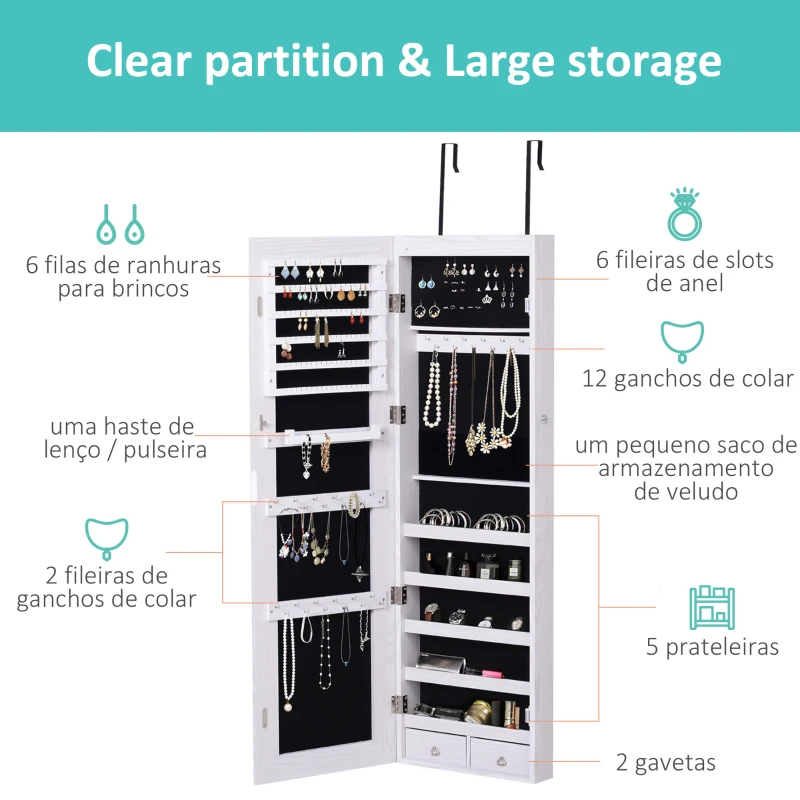 HOMCOM Espelho com Móvel de Bijuterias de Parede ou Porta Espelho de Parede com LED 5 Prateleiras 2 Gavetas pequenas e Fechadura 37x120x10cm Cinza Claro