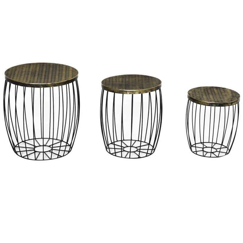 Outsunny 3er-Set Couchtische Beistelltische Gartentisch Retro Metallkorb Drahtkorb Garten Satztisch Gartenmöbel Outdoor Balkon Metall Natur+Schwarz 3 Größen