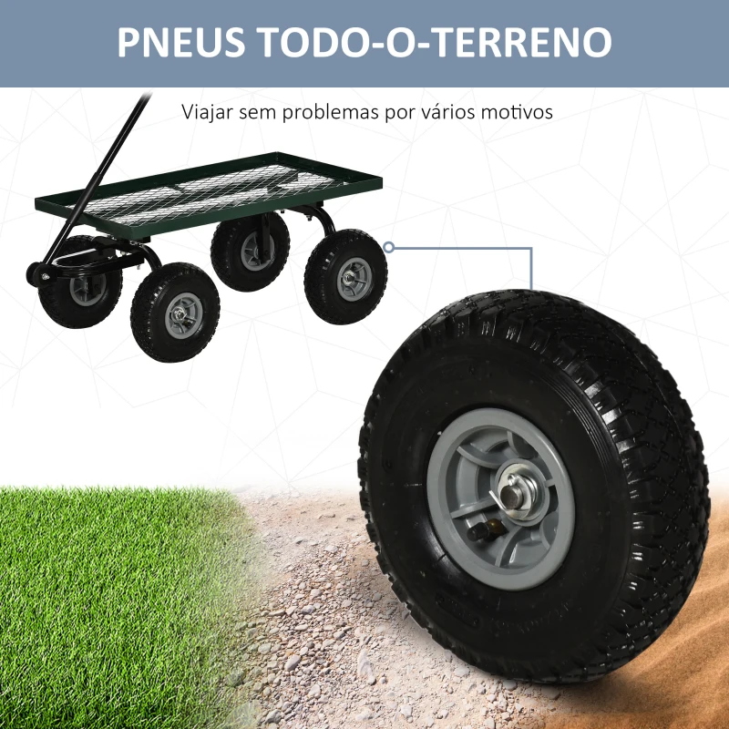 Outsunny Carro de Transporte com Pega Revestida e 4 Rodas Grandes de Ø24 cm Carrinho de Jardim em Aço 94x48,5x100 cm Preto e Verde