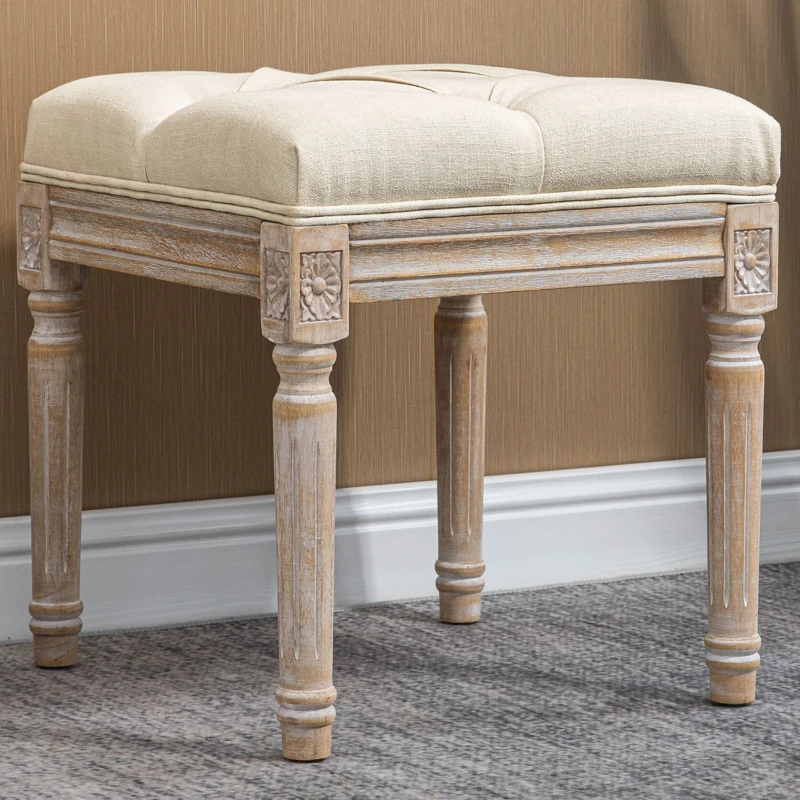 HOMCOM Reposapiés de Salón con Asiento Capitoné y Patas Talladas de Madera Estilo Vintage para Dormitorio 40x40x43 cm Beige