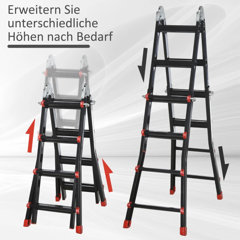 HOMCOM Teleskopleiter, rutschfeste Stufen, bis 150 kg belastbar, Aluminium, Schwarz+Rot
