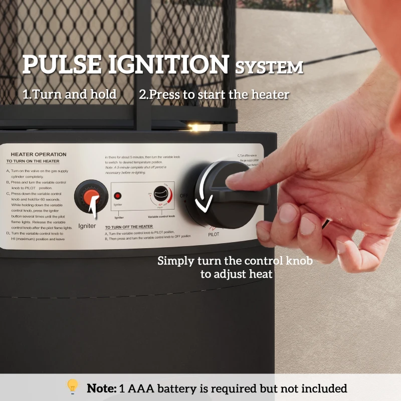 Outsunny 11 KW Freestanding Gas Patio Heater, Adjustable Outdoor Garden Propane Heater with Tip-Over Switch, Wheels, Pulse Ignition, Tank Room with Openable Door, Black