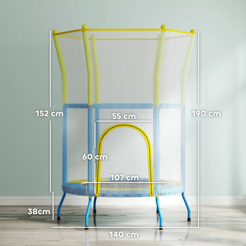 AIYAPLAY Trampolín Infantil de Interior con Red de Seguridad Cuerdas Elásticas y Barras Acolchadas 3-6 Años Ø140x190cm Azul Claro