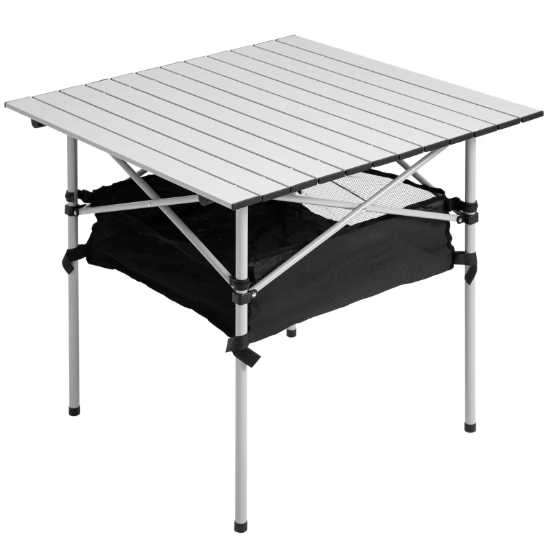 Outsunny Mesa de Camping Plegable con Almacenaje de Malla y Bolsa de Transporte para Exterior Jardín y Picnic 70x70x69 cm Plata
