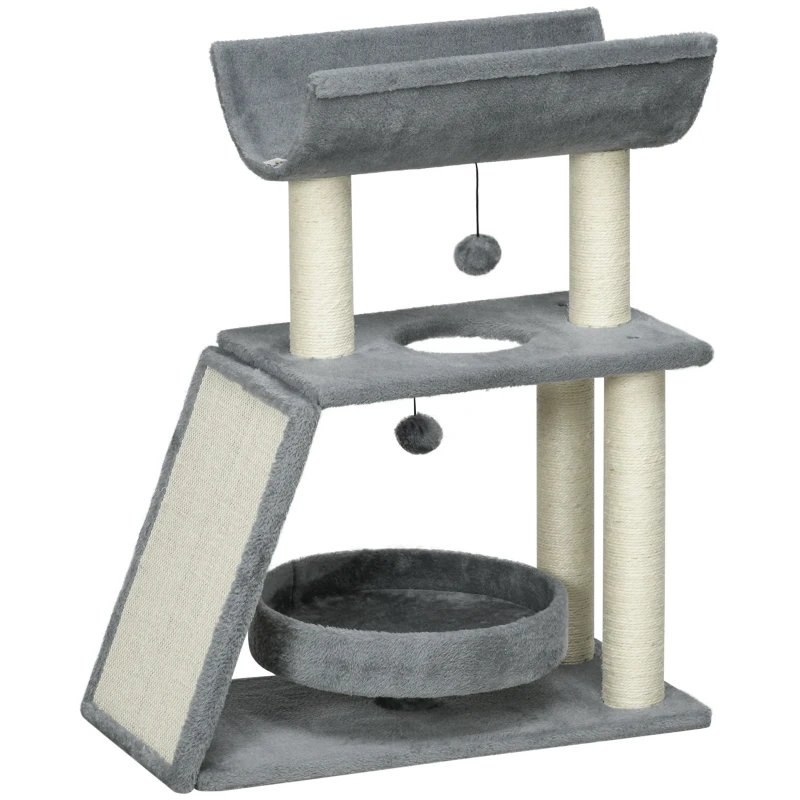 PawHut Mini Rascador para Gatos con Postes de Yute Plataforma en U Cama de Felpa y Juguetes Colgantes 60x30x76 cm Gris Claro