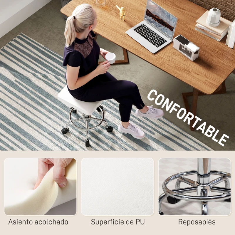HOMCOM Taburete Giratorio Ajustable Con Asiento Acolchado Reposapiés y Ruedas para Salones y Talleres 34x34x50-66 cm Blanco