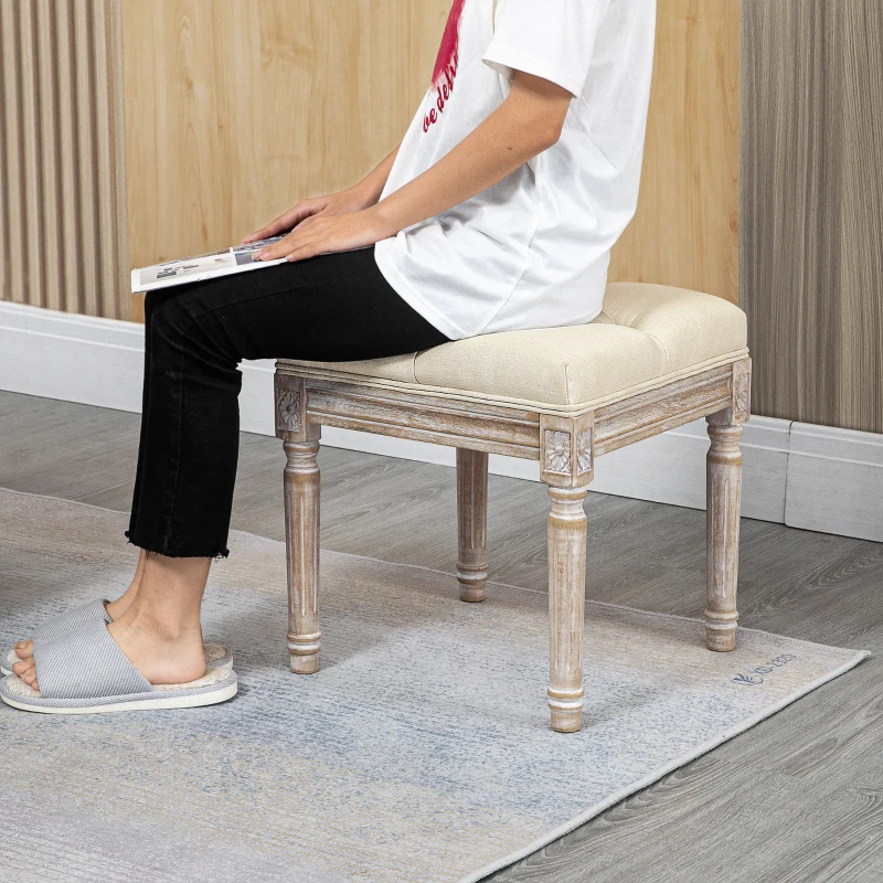 HOMCOM Reposapiés de Salón con Asiento Capitoné y Patas Talladas de Madera Estilo Vintage para Dormitorio 40x40x43 cm Beige