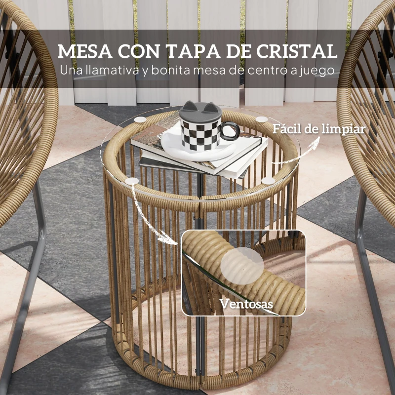 Outsunny Juego de 2 Sillas y Mesa de Ratán con Cojines Acolchados y Encimera de Vidrio para Balcón Terraza Natural