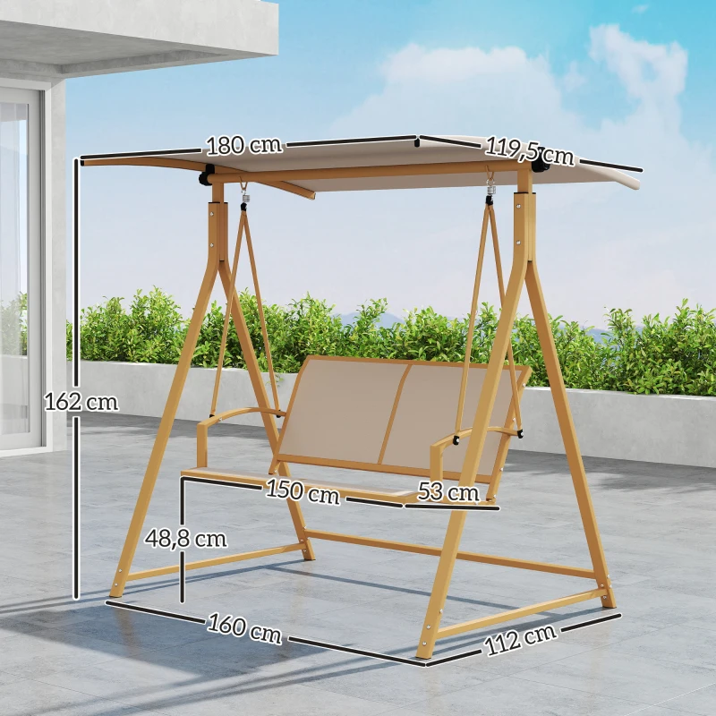Outsunny Columpio de Jardín de 2 Plazas con Toldo Ajustable y Estructura Triangular de Metal Carga 220 kg 160x112x162 cm Caqui