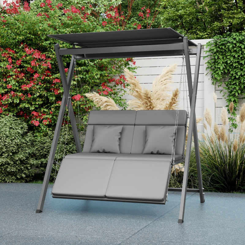 Outsunny Columpio de Jardín de 2 Plazas Convertible en Cama con Toldo Ajustable UV30+ y Cojines 142x130x168 cm Gris Oscuro