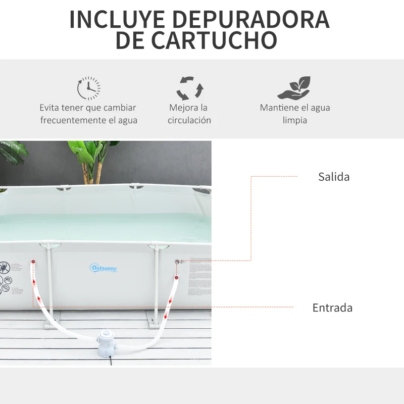 Outsunny Piscina Desmontable Tubular 292x190x75 cm con Depuradora de Cartucho 1200L/H Piscina Rectangular de Exterior para Adultos y Niños 3600L Gris