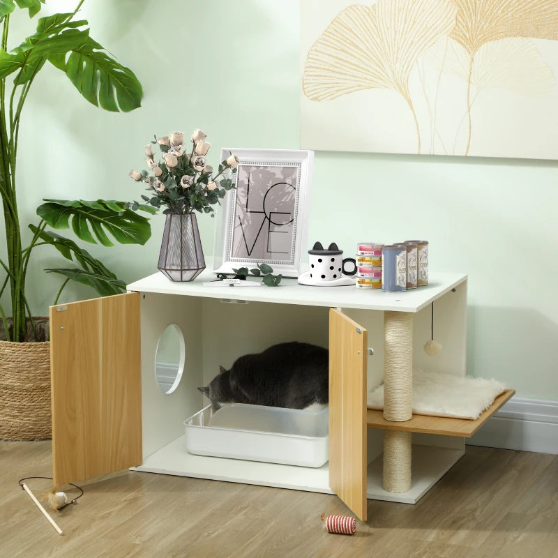 PawHut Mueble Arenero para Gatos con Centro de Juegos Cojín Pelota Puerta Lateral y Patas Antideslizantes 94x48x50,5cm Blanco