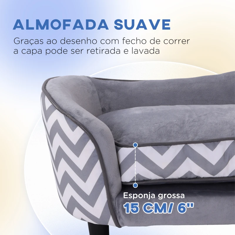 PawHut Sofá para animais de estimação acolchoado de madeira com almofadas grossas e bolso de armazenamento 68,5x40,5x40,5 cm Cinza