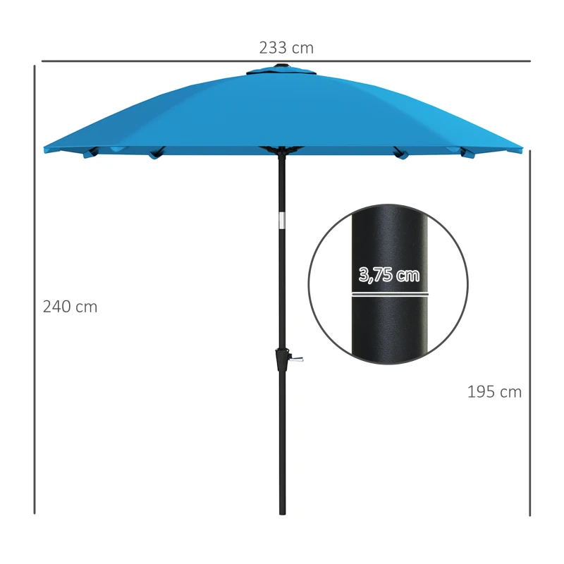 Outsunny Sombrilla de Jardín 233x233 cm Ángulo Ajustable Impermeable Poste de Aluminio Varillas de Fibra de Vidrio Manivela Azul