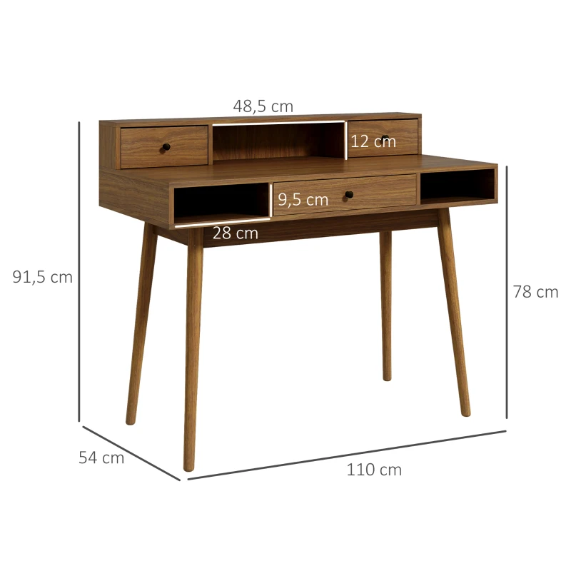 HOMCOM Escritorio mesa puesto de trabajo diseño vintage 3 cajones 3 estantes patas de madera maciza 110x54x91,5 cm acabado nogal