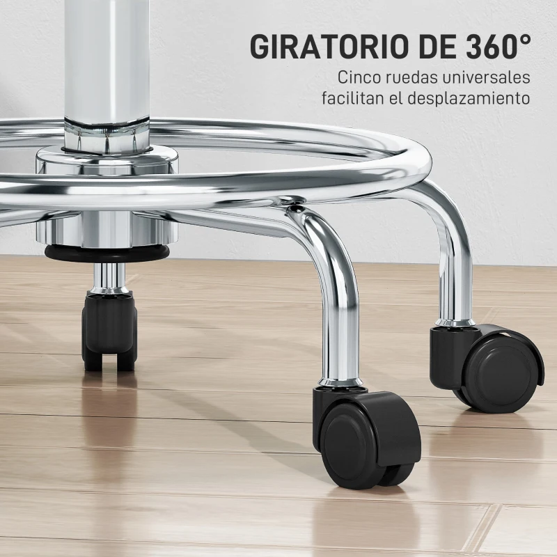 HOMCOM Taburete Giratorio Ajustable Con Asiento Acolchado Reposapiés y Ruedas para Salones y Talleres 34x34x50-66 cm Gris
