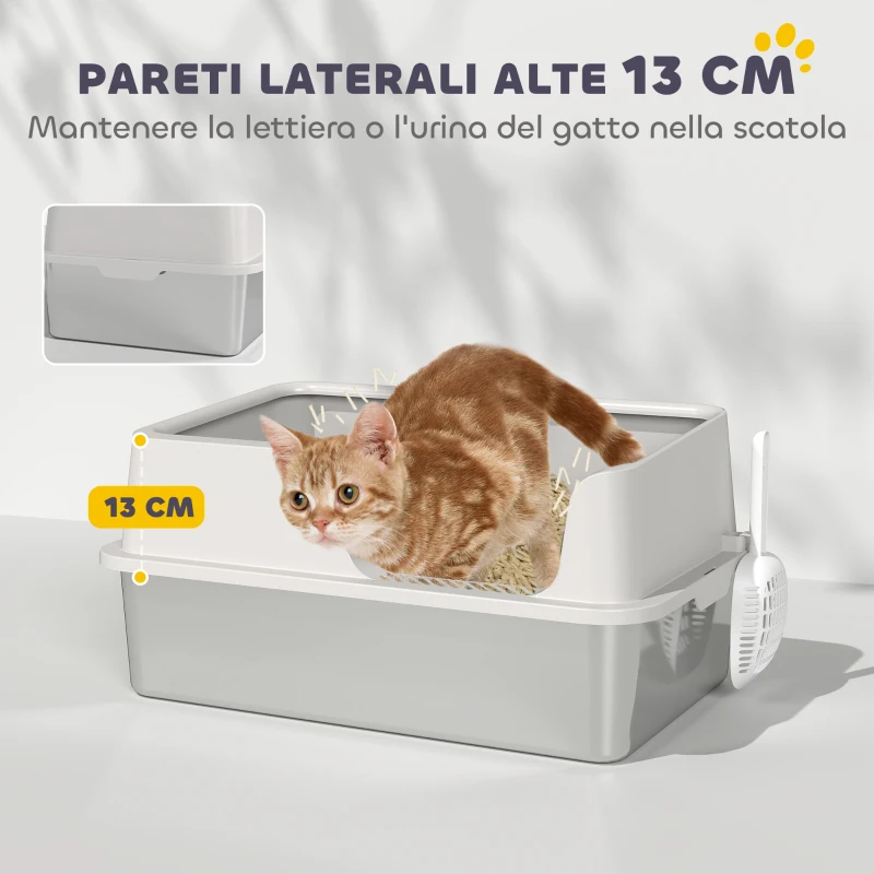 PawHut Lettiera per Gatti con Bordi Rialzati, Vassoio e Paletta, in Acciaio Inox e PP, 60x40x28 cm, Grigio Chiaro