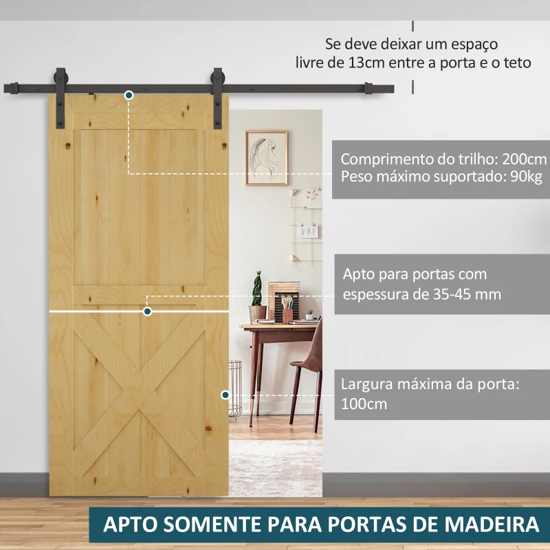 HOMCOM Kit de Instalação de Porta de Correr de madeira Guia de trilhos com parafusos carga 90kg Kit de acessórios de ferragens para portas deslizantes de madeira