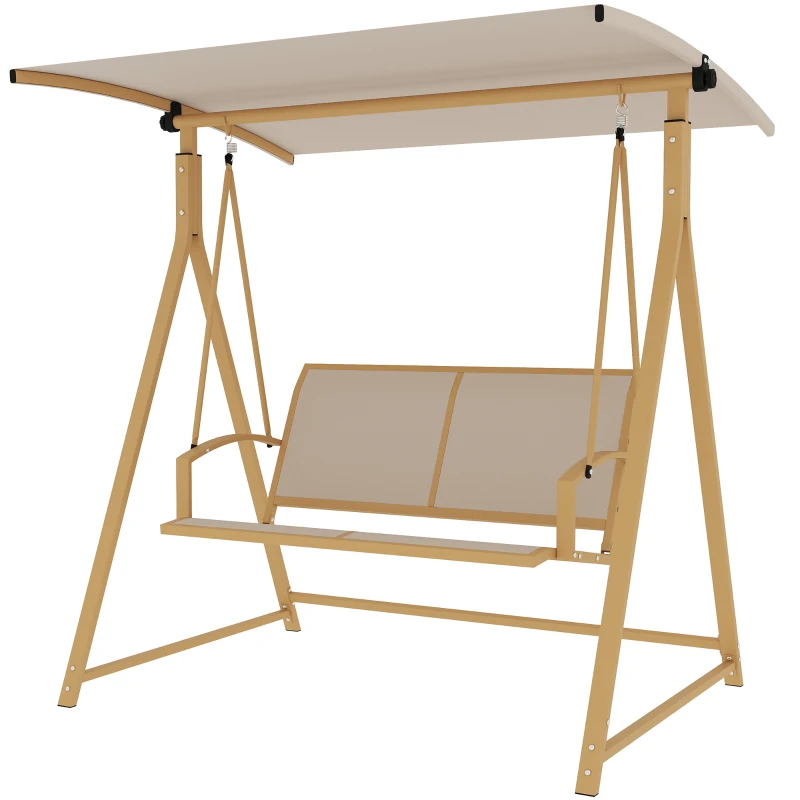 Outsunny Columpio de Jardín de 2 Plazas con Toldo Ajustable y Estructura Triangular de Metal Carga 220 kg 160x112x162 cm Caqui