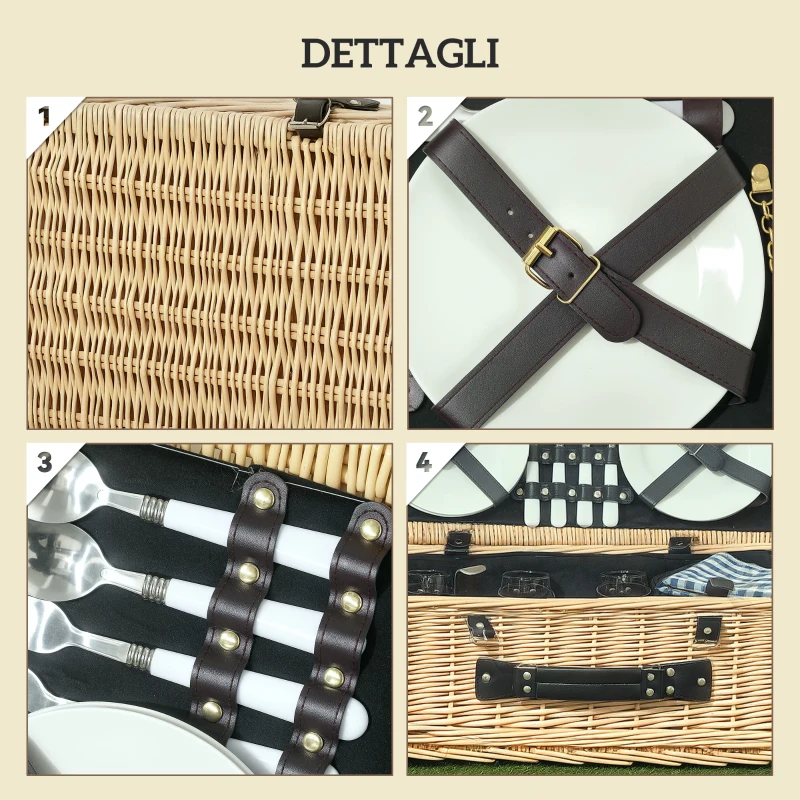 Outsunny Cesta da Pic Nic per 4 Persone con Area Frigo e Accessori, in Vimini, 54x34x20 cm, color Legno