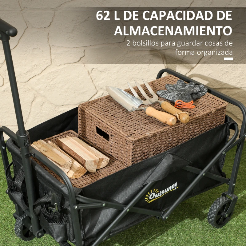 Outsunny Carro de Jardín Plegable con Ruedas Asa Telescópica Ajustable Carga 120 kg para Campaña Compra 64x42x27 cm Negro