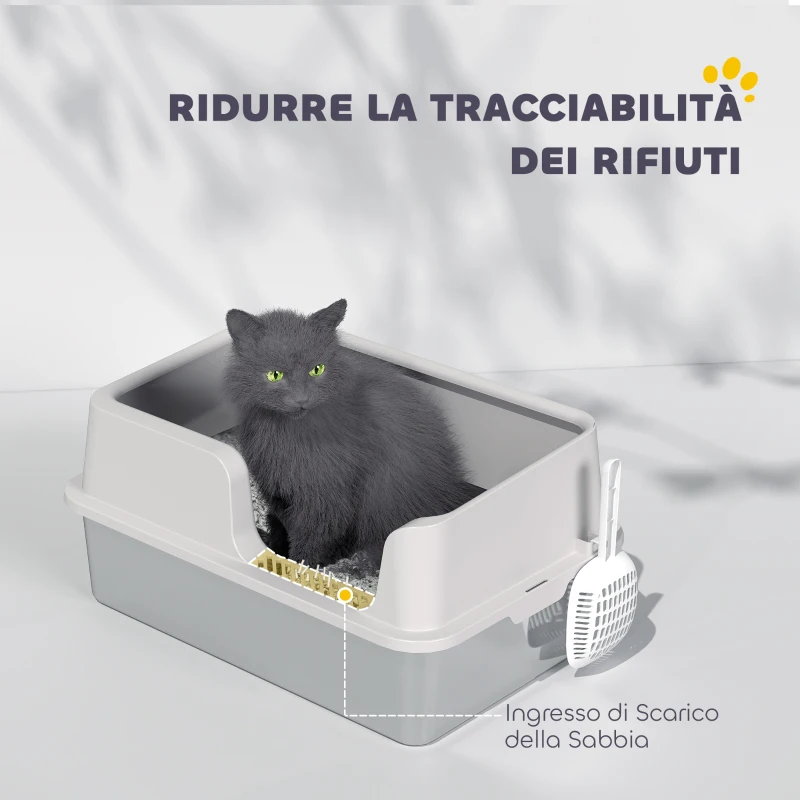 PawHut Lettiera per Gatti con Bordi Rialzati, Vassoio e Paletta, in Acciaio Inox e PP, 60x40x28 cm, Grigio Chiaro