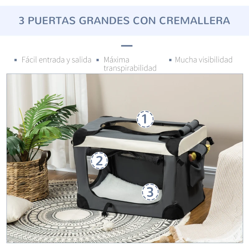 PawHut Transportín para Perros y Gatos Bolsa de Transporte para Mascotas Plegable con Cojín 60x41x41 cm Gris