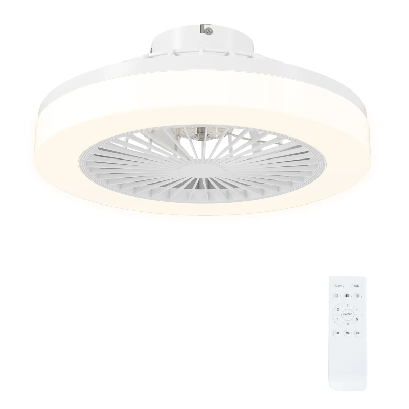 HOMCOM Ventilador de Techo con Luz LED Regulable Motor DC Silencioso Control Remoto y Temporizador 2/4 Horas Ø46x16 cm Blanco