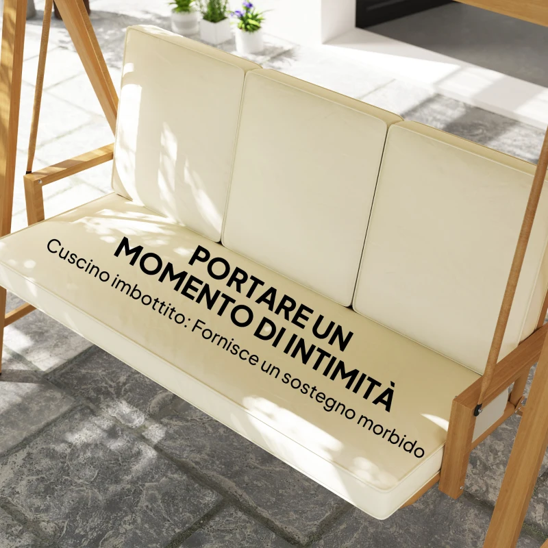 Outsunny Dondolo da Giardino 3 Posti con Tettuccio Regolabile e Cuscini, 195x120x170 cm, Beige