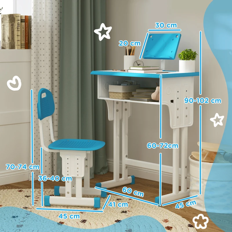 HOMCOM Juego de Escritorio y Silla Infantil de +6 Años Altura Ajustable con 1 Cajón y Estante para Libros 60x45x90-102 cm Azul