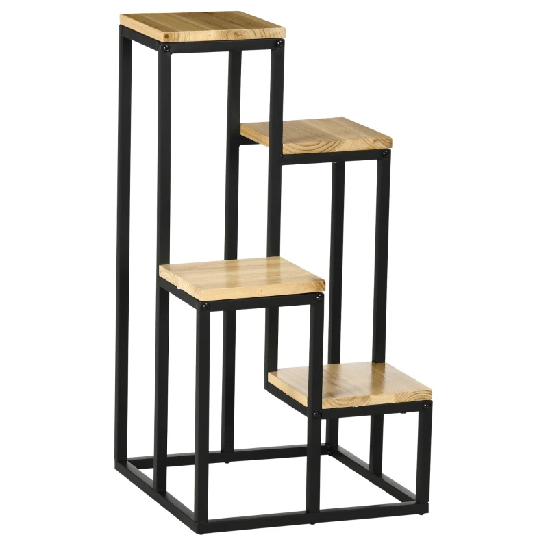 Outsunny Pflanzenständer im Industrie Design mit 4 Regalen, Blumentreppe, 34 cm x 34 cm x 66 cm, Natur + Schwarz