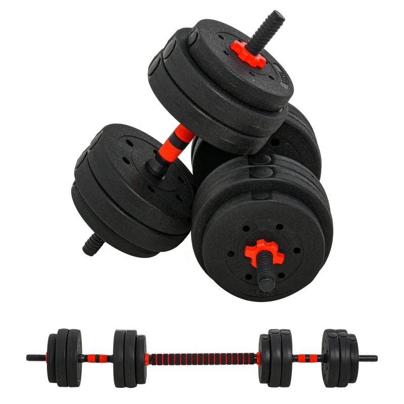 HOMCOM Kit Haltères Musculation 2-en-1, Lot de 2, 25 kg, poids réglable - Barres incluses - entraînement Musculaire & haltérophilie - HDPE Noir Rouge