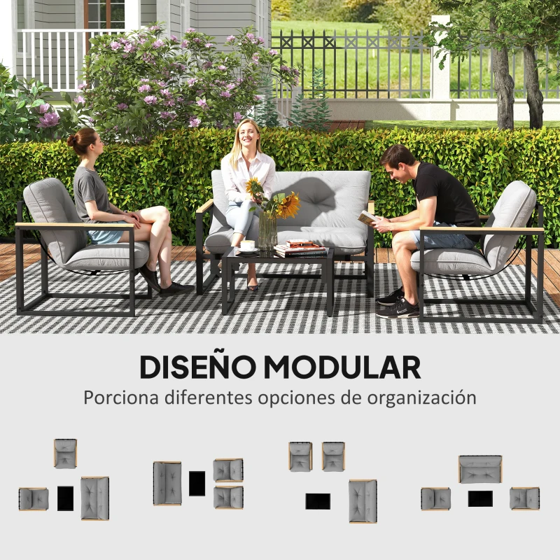 Outsunny Conjunto de Muebles de Jardín de 4 Piezas con Sofá de 2 Plazas y 2 Butacas con Cojines y Mesa de Centro de Vidrio Gris