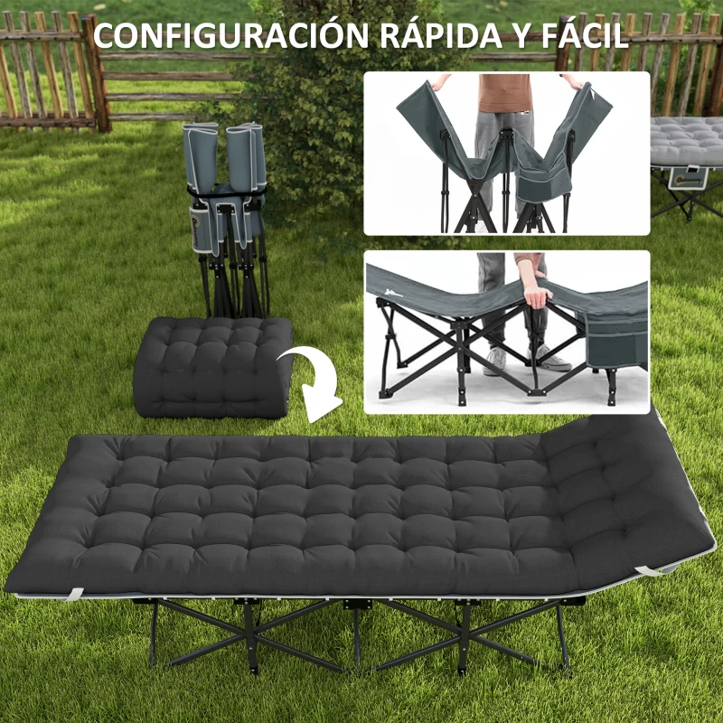 Outsunny Cama de Camping Plegable con Colchón Extraíble Reposacabezas y Bolsa de Transporte 196x68x37 cm Negro