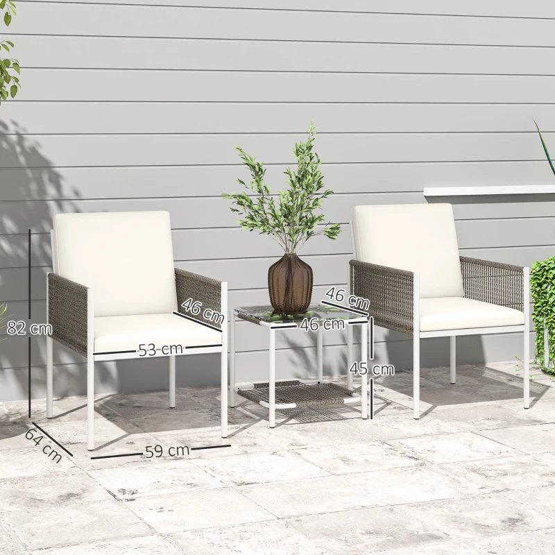 Outsunny Juego de 2 Sillas y Mesa de Ratán con Cojines Acolchados y Encimera de Vidrio para Balcón Terraza Marrón y Crema