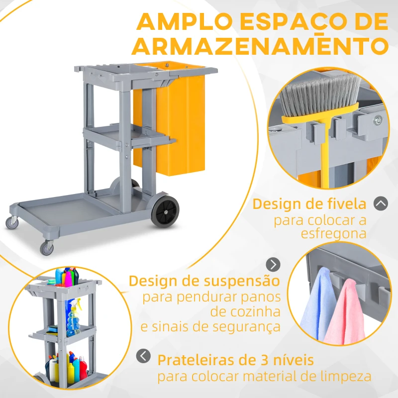 HOMCOM Carro de Limpeza com Bolsa de 100L Carro de Limpeza Profissional com 3 Prateleiras e Plataforma 121x50,5x96,5 cm Cinza e Amarelo