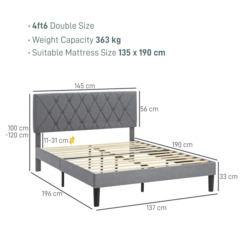 HOMCOM Double Bed Frame with 5-Level Adjustable Linen Upholstered Headboard 145W x 196D x 120Hcm, Grey