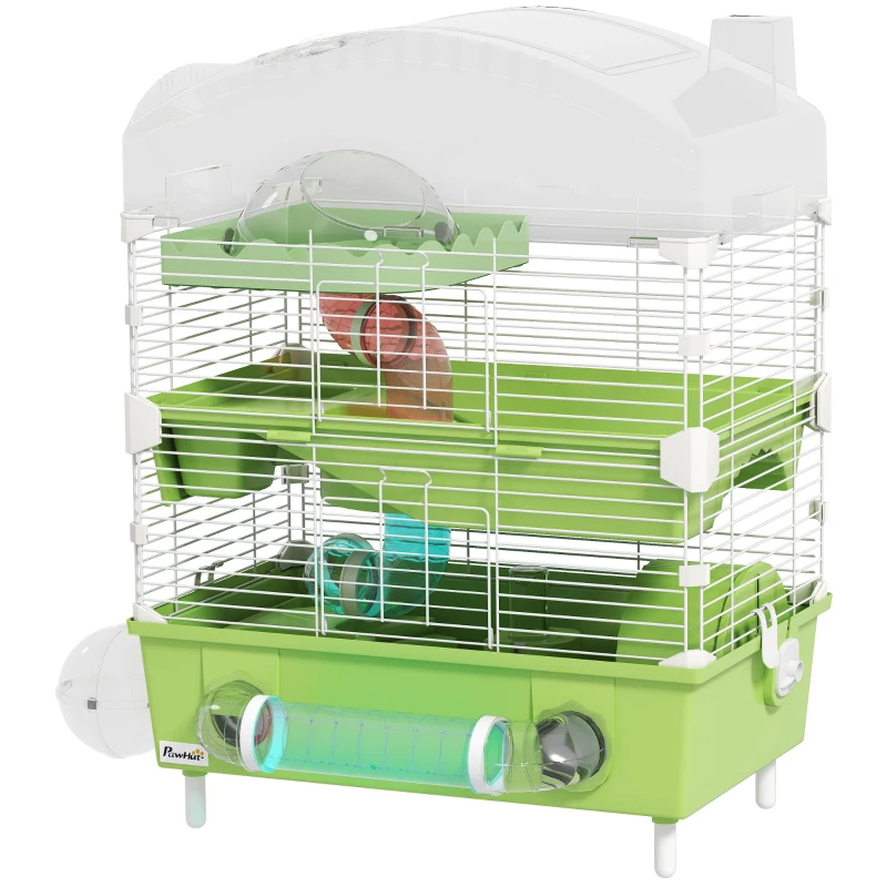PawHut 3-Tier Hamster Cage with Transparent Top, Sand Bathroom, Exercise Wheel, Hideout Room, Tubes, 45 x 28 x 60 cm, Green