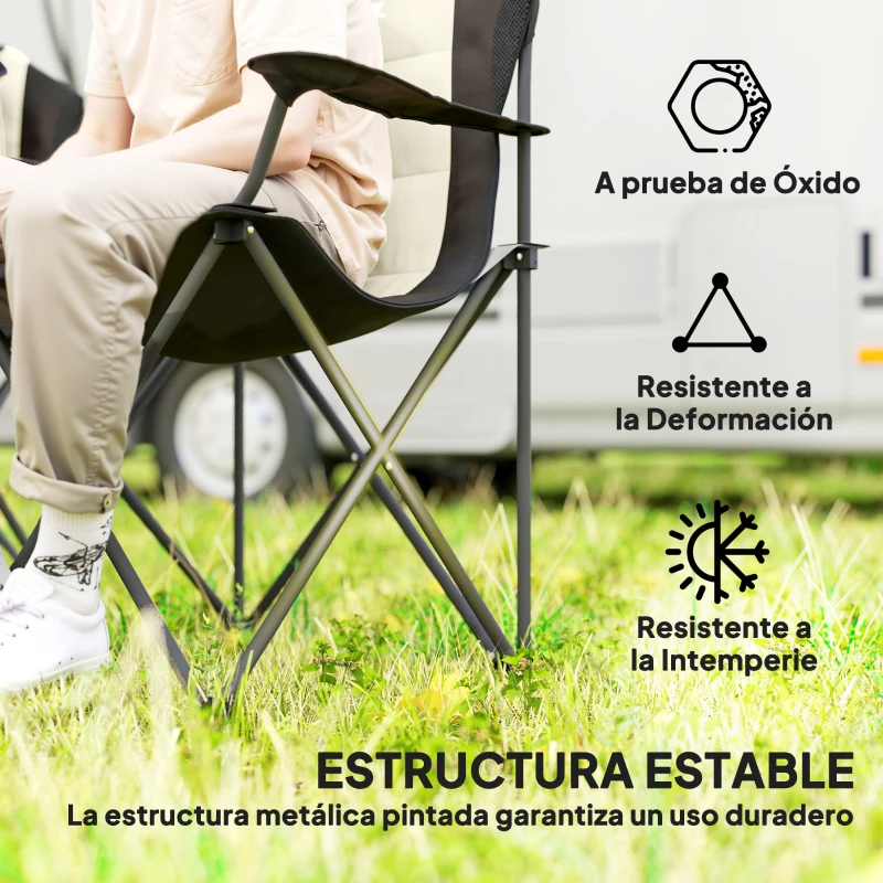 Outsunny Conjunto de 2 Sillas Plegables Camping Acolchado con Respaldo Alto Portavasos y Bolsas de Transporte Crema y Negro