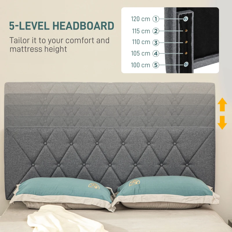 HOMCOM Double Bed Frame with 5-Level Adjustable Linen Upholstered Headboard 145W x 196D x 120Hcm, Grey
